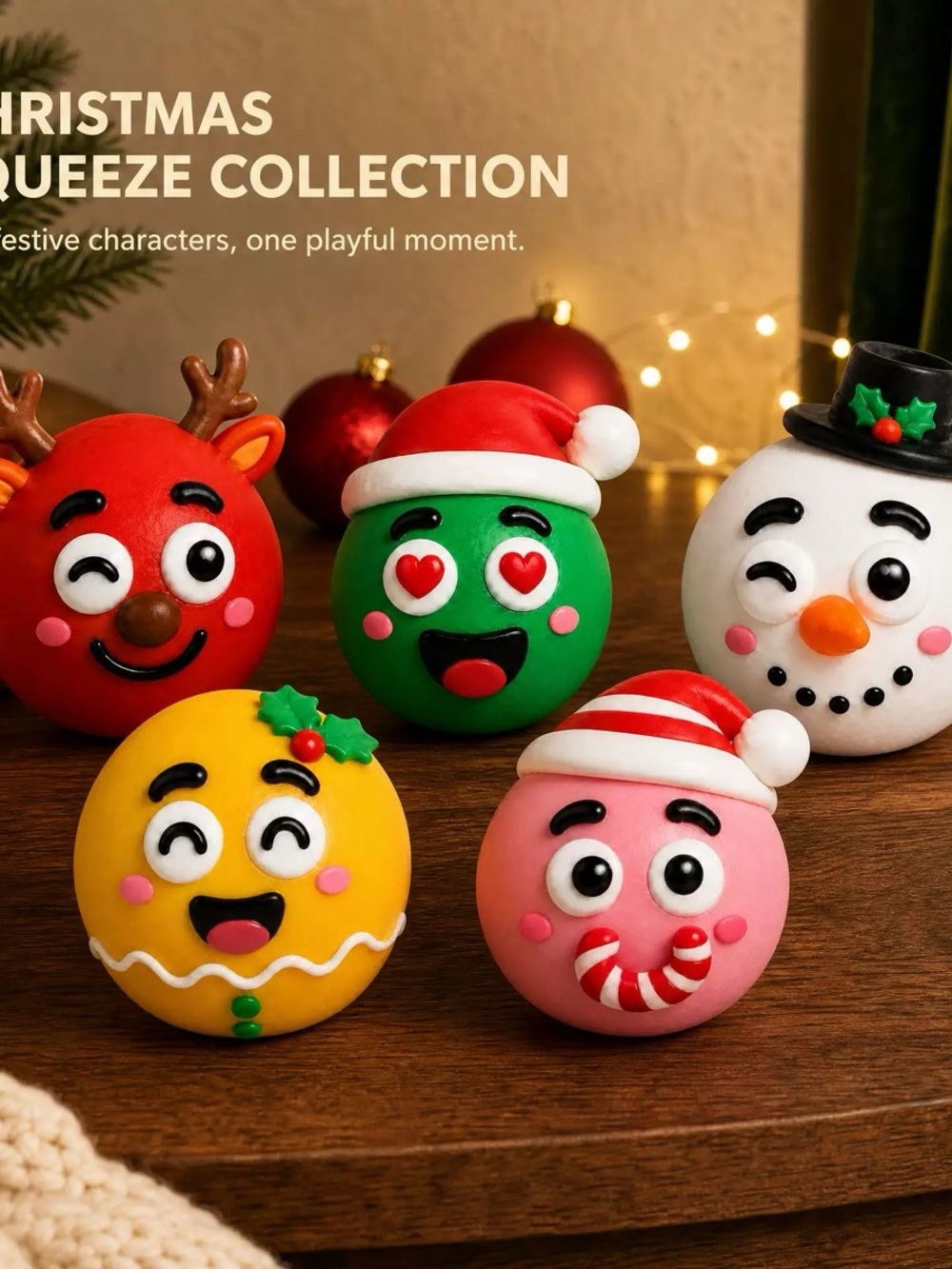 Holiday Squeeze Plush Toy Set — Pink, Red, Green, Yellow, White Characters
